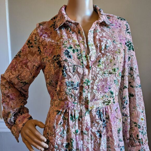 Hemant & Nandita Floral Velvet Midi Dress Triana Button Front Semi Sheer Small - Picture 5 of 10